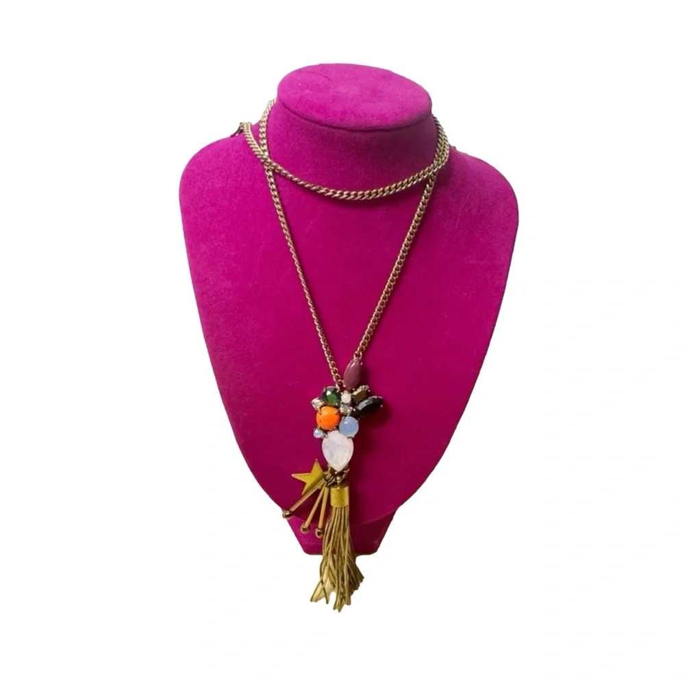 J.Crew Multicolor Gemstone Tassel Necklace Gold Tone Statement Boho Chic OS